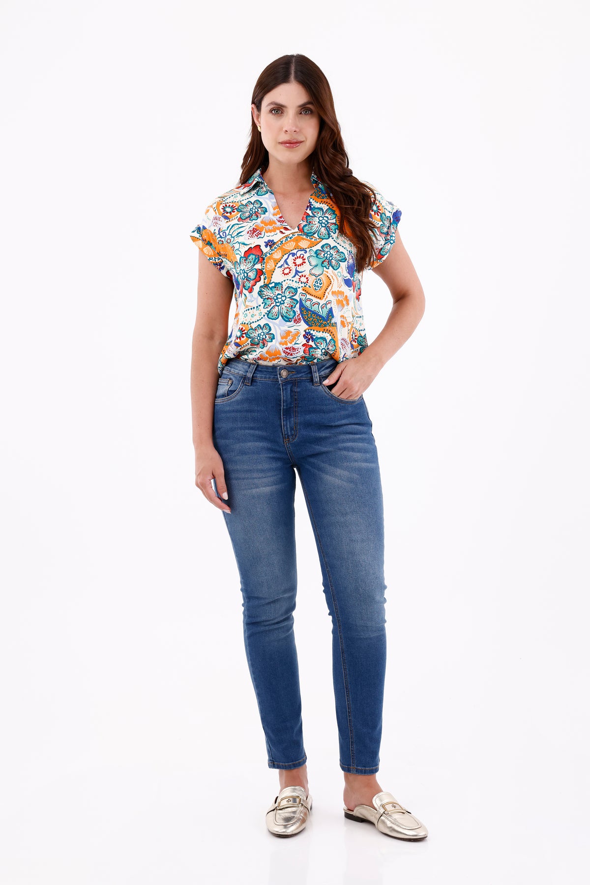 Blusa Manga Rodada Flores Hojas Naranja