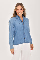 Blusa Manga Larga Bordado Corazón Azul Medio