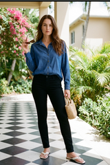 Blusa Manga Larga en Chambray Azul Oscuro para Mujer