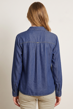 Blusa Manga Larga en Chambray Azul Oscuro para Mujer