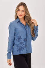 Blusa Manga Larga Bordada Flor Azul Medio