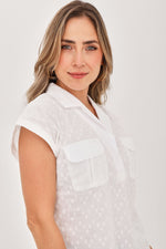 Blusa Media Perilla Bolsillos Motas Blanco
