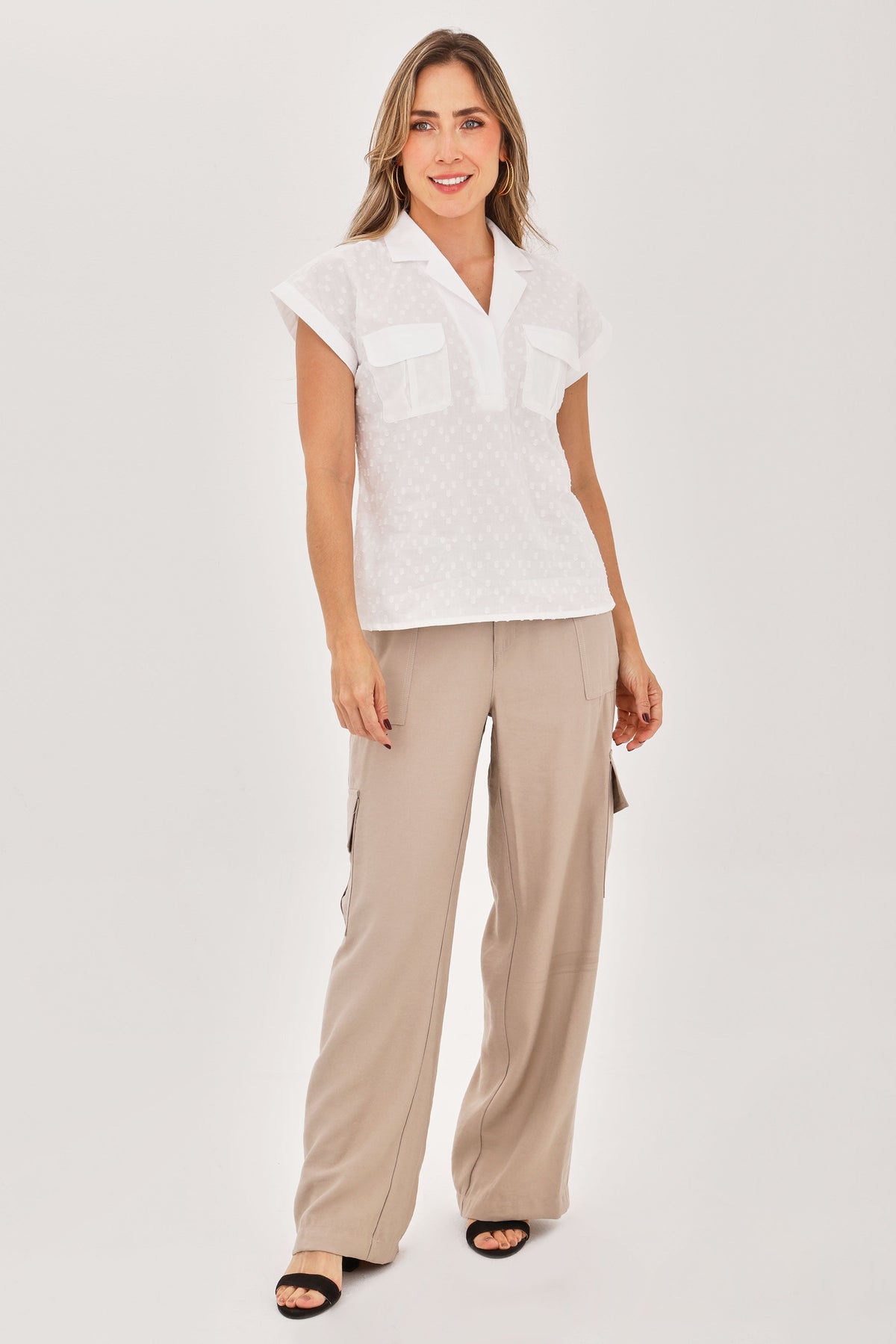 Blusa Media Perilla Bolsillos Motas Blanco