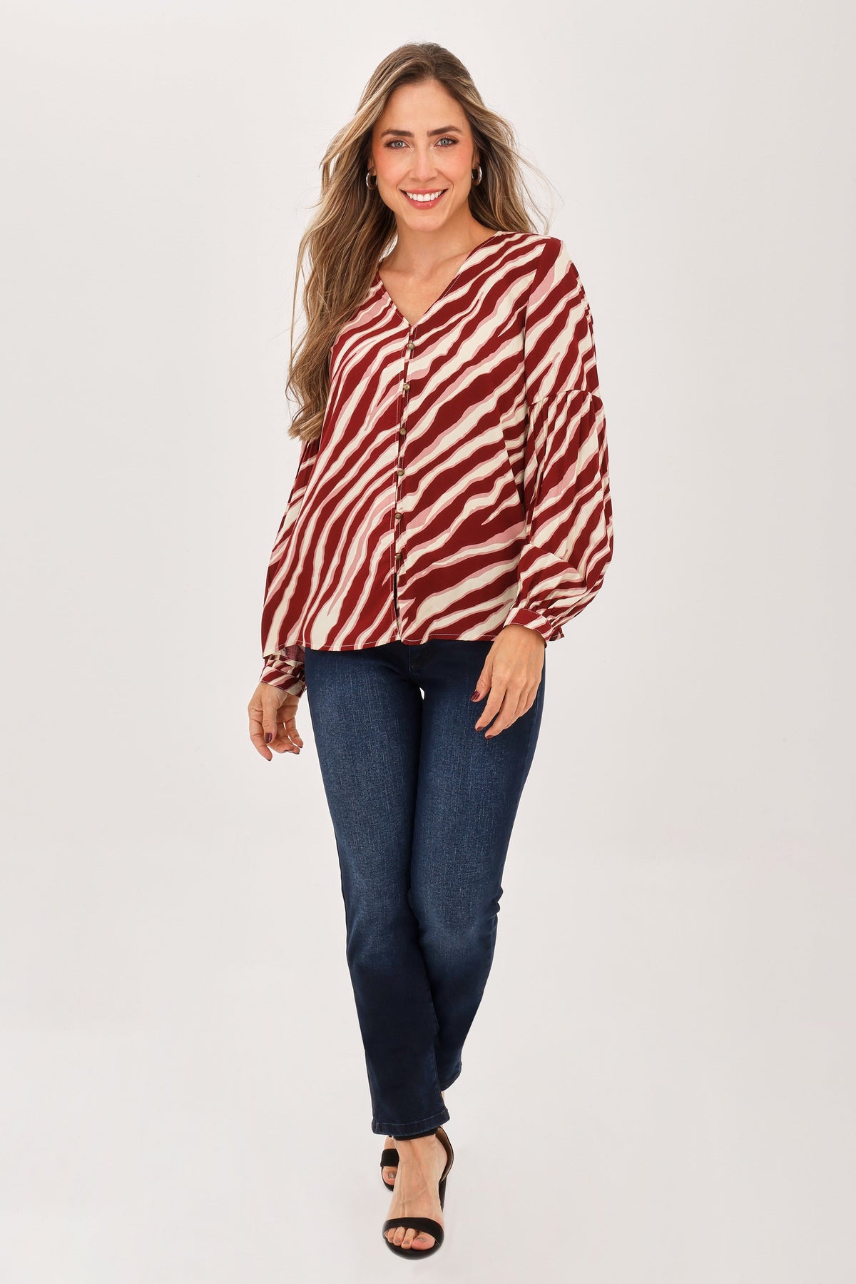 Blusa Manga Larga Rayas Ojalete Vinotinto