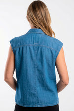 Blusa manga sisa con bolsillos en algodón mujer azul medio