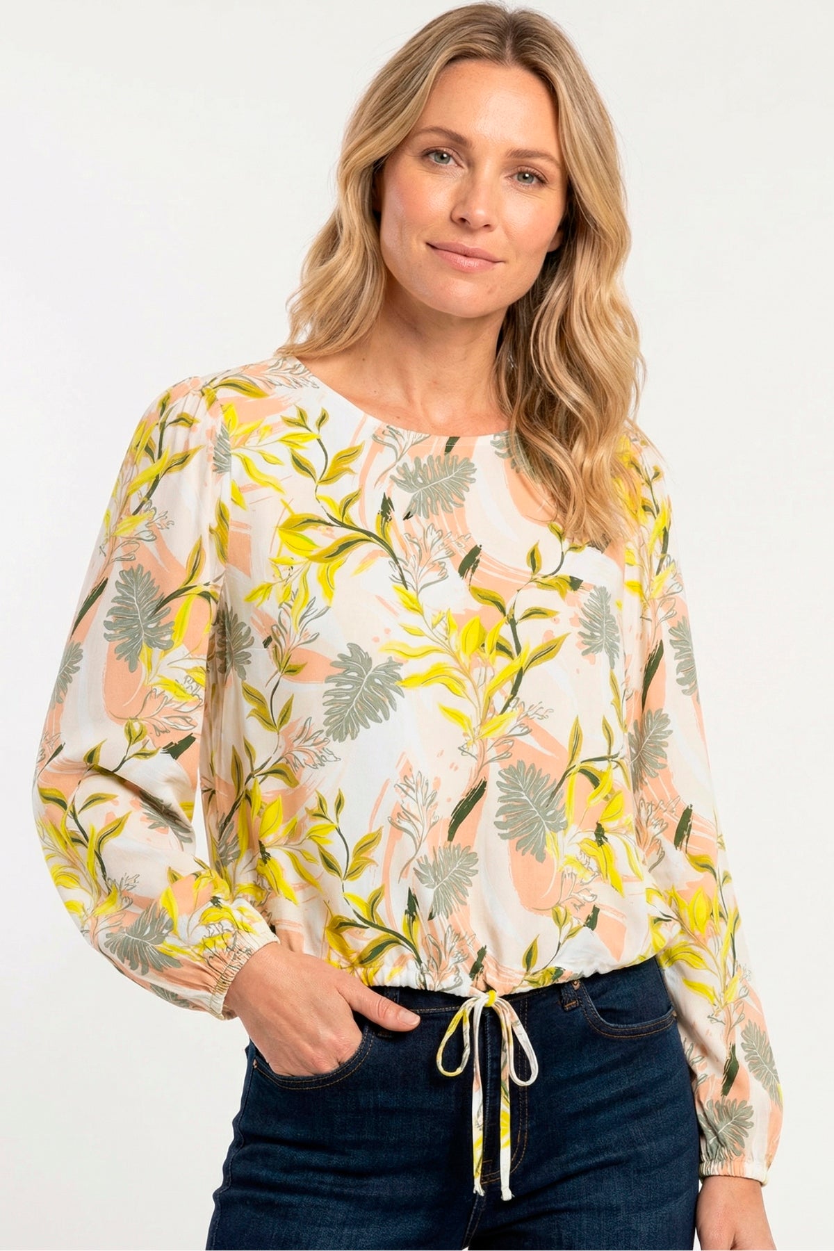 Blusa manga larga estampado hojas en rayón mujer amarillo