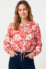 Blusa manga larga estampado hojas en rayón mujer palo rosa