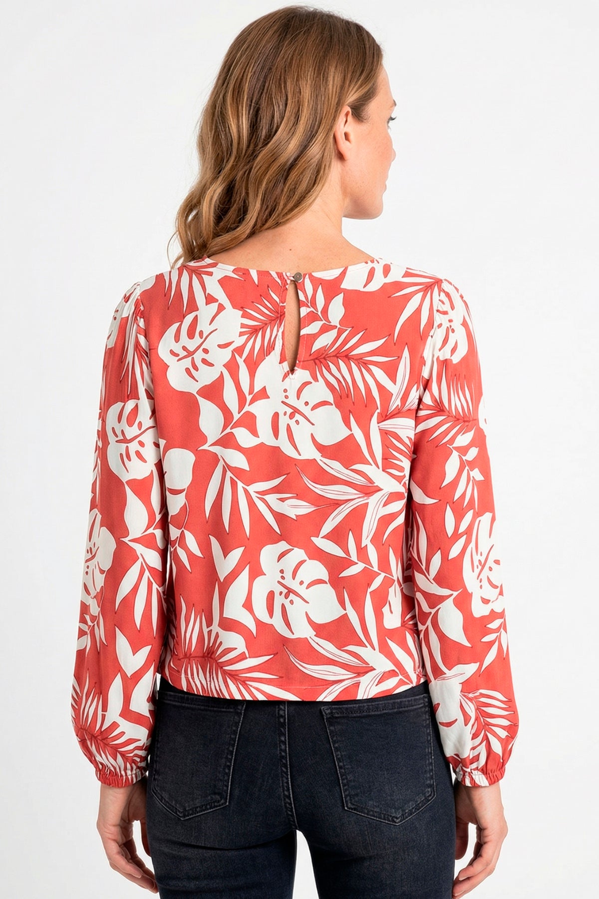 Blusa manga larga estampado hojas en rayón mujer palo rosa