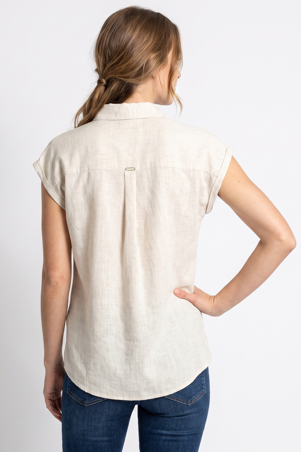 Blusa en Algodón Beige con Manga Francesa para Mujer