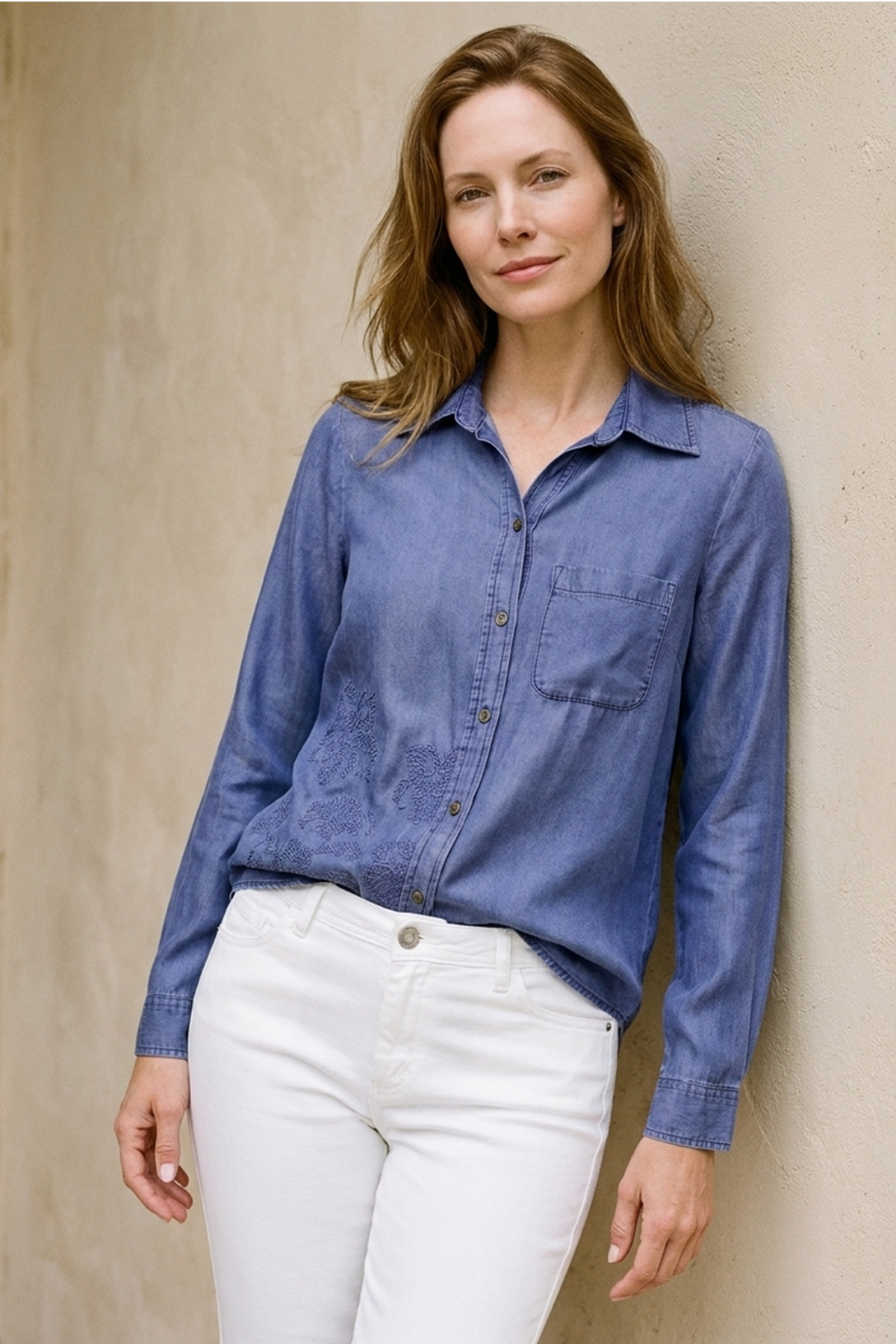 Blusa Manga Larga en Chambray Azul Medio para Mujer