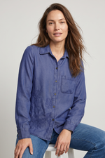 Blusa Manga Larga en Chambray Azul Medio para Mujer