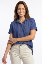 Blusa Manga Corta en Rayón Azul Oscuro para Mujer