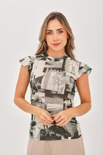 Camiseta Manga Corta Cuello Alto Étnica Negro