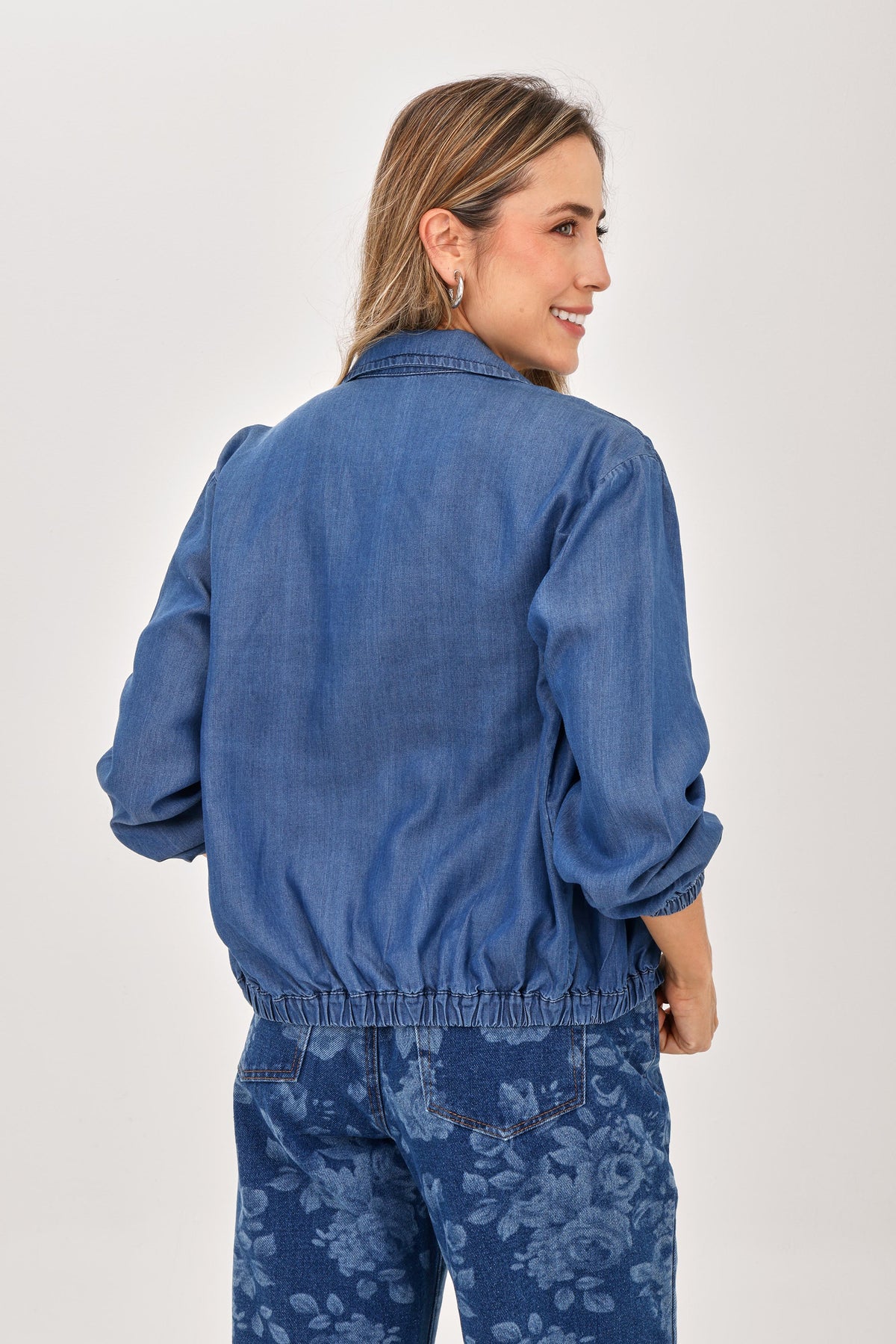 Chaqueta Manga Bolsillos Resortada Azul Medio
