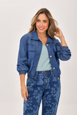 Chaqueta Manga Bolsillos Resortada Azul Medio