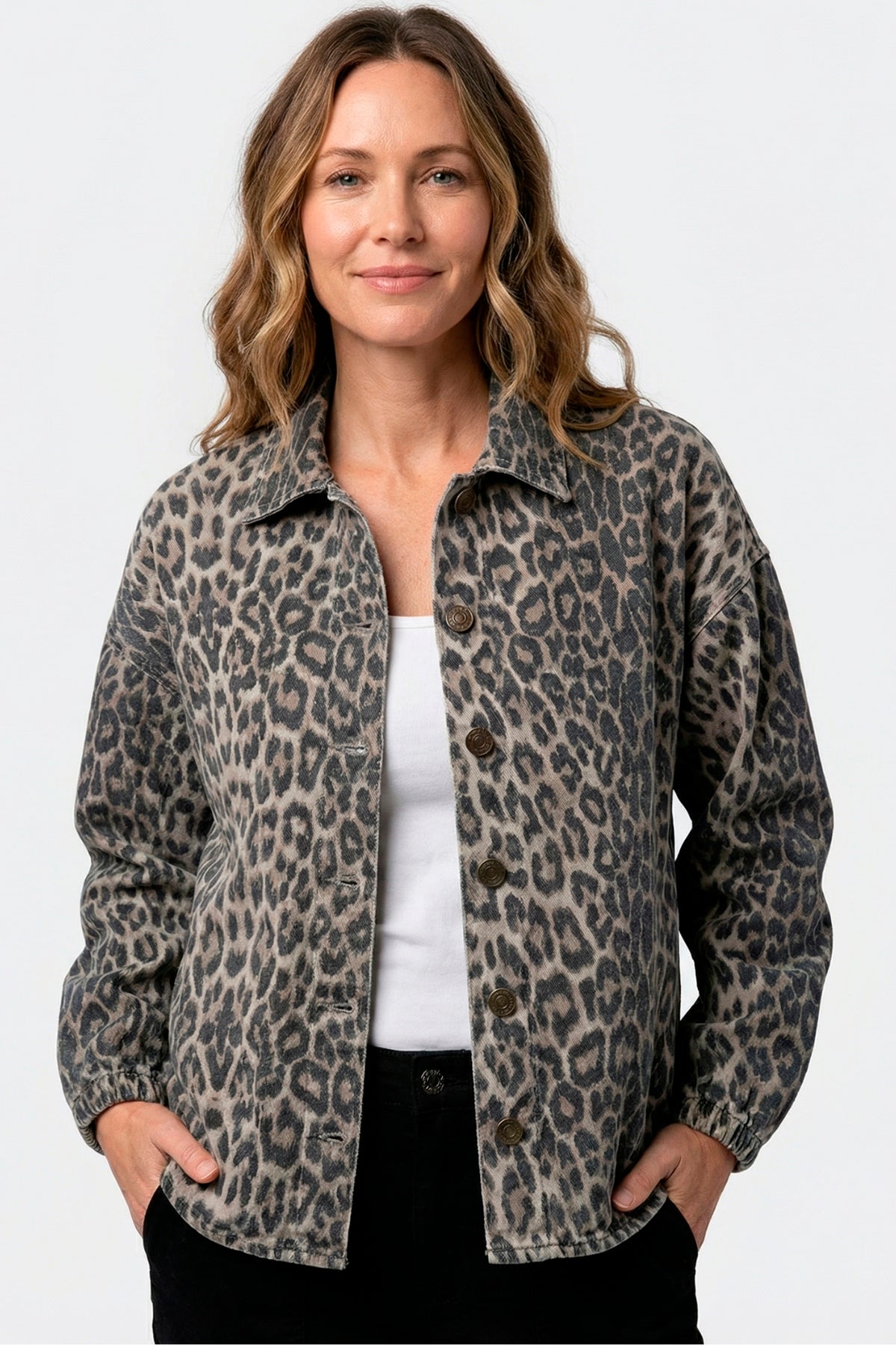 Chaqueta manga larga en dril para mujer café