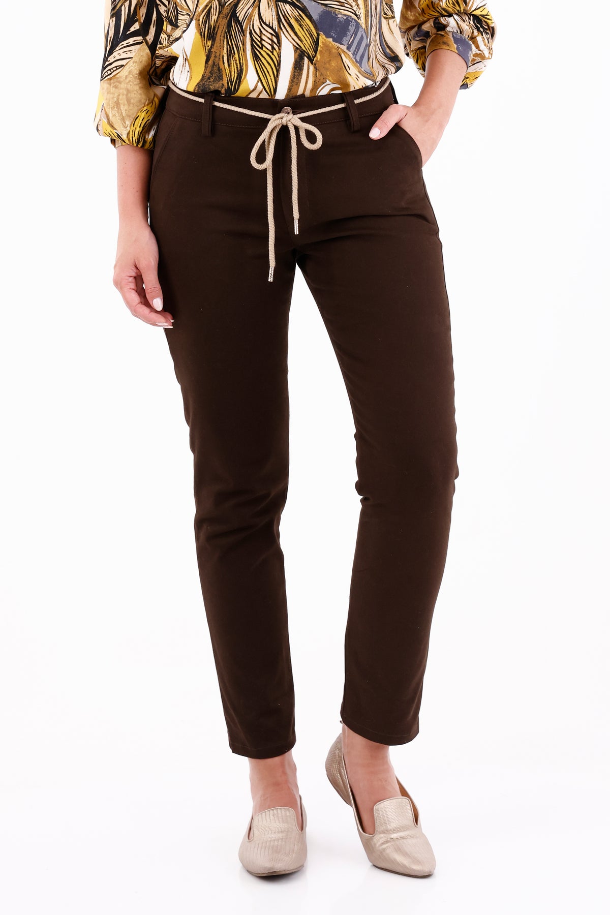 Pantalón Dril Cinturón Café Para Mujer 