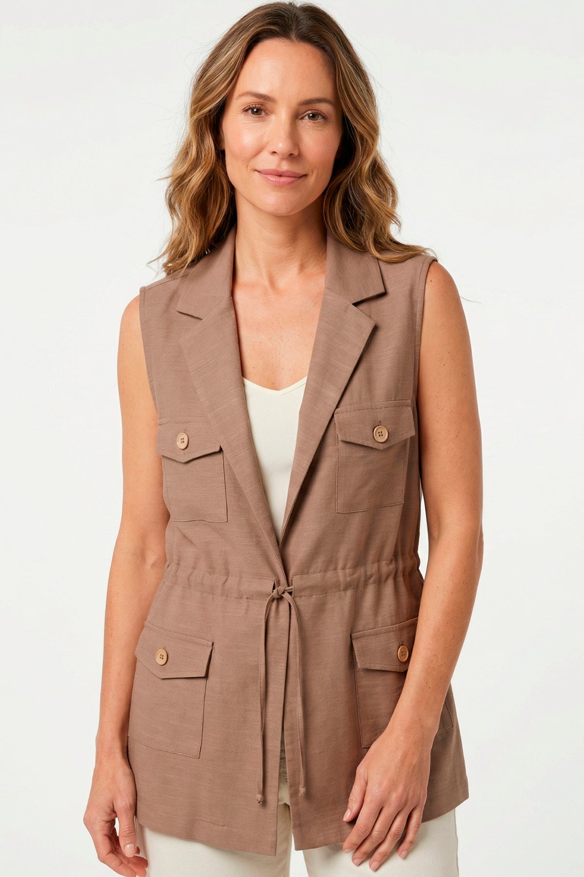 Chaleco safari con bolsillos en rayón para mujer taupe