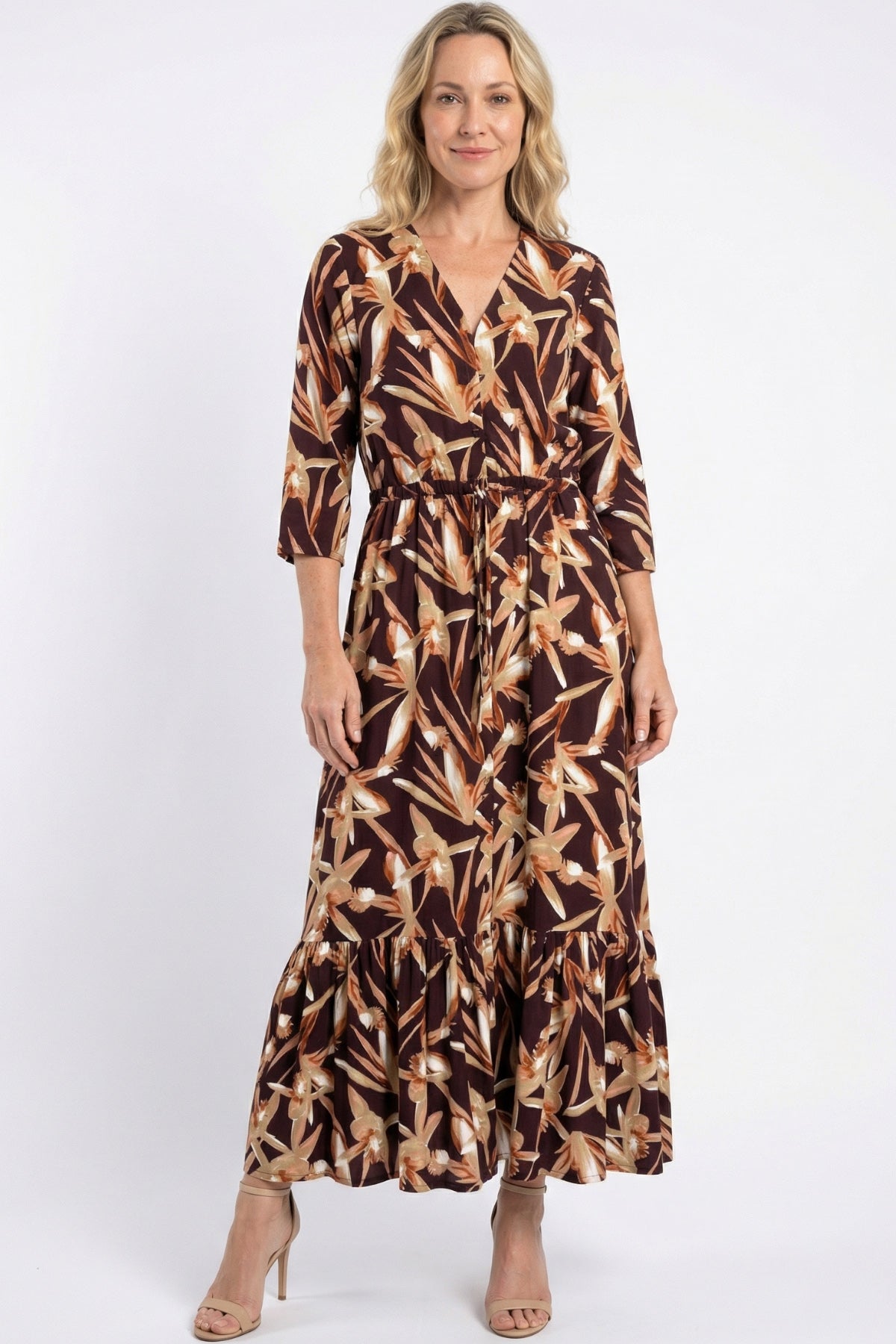 Vestido manga 3/4 en rayón para mujer café