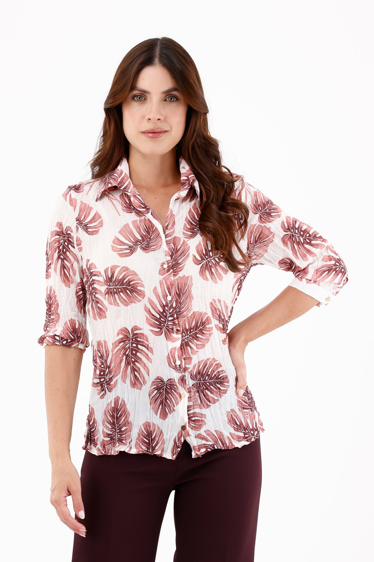 Blusa Manga 3/4 Craquelada Hojas Crudo