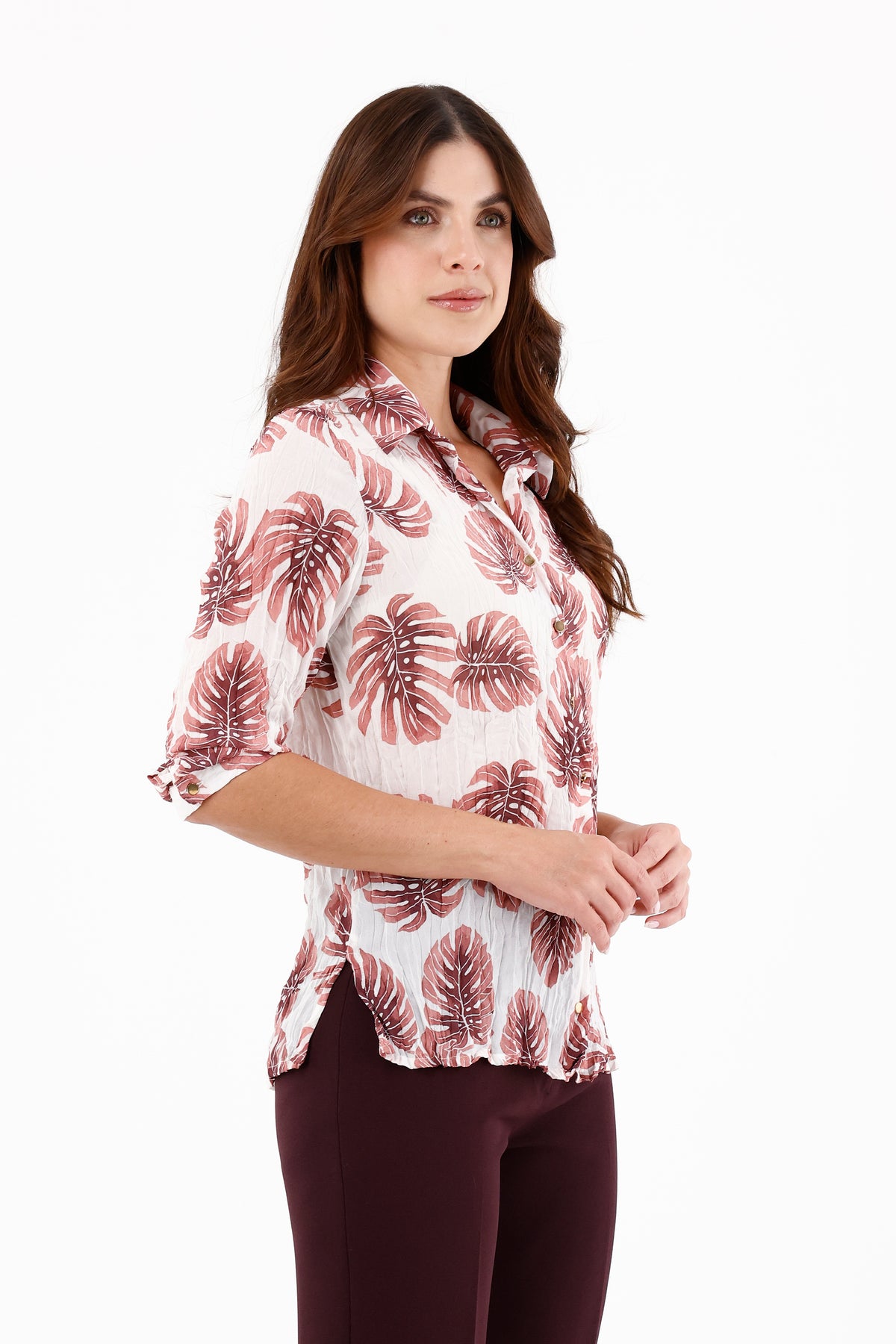 Blusa Manga 3/4 Craquelada Hojas Crudo Para Mujer 