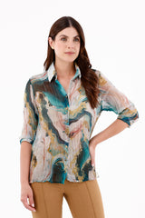 Blusa Manga 3/4 Craquelada Étnica Verde Jade