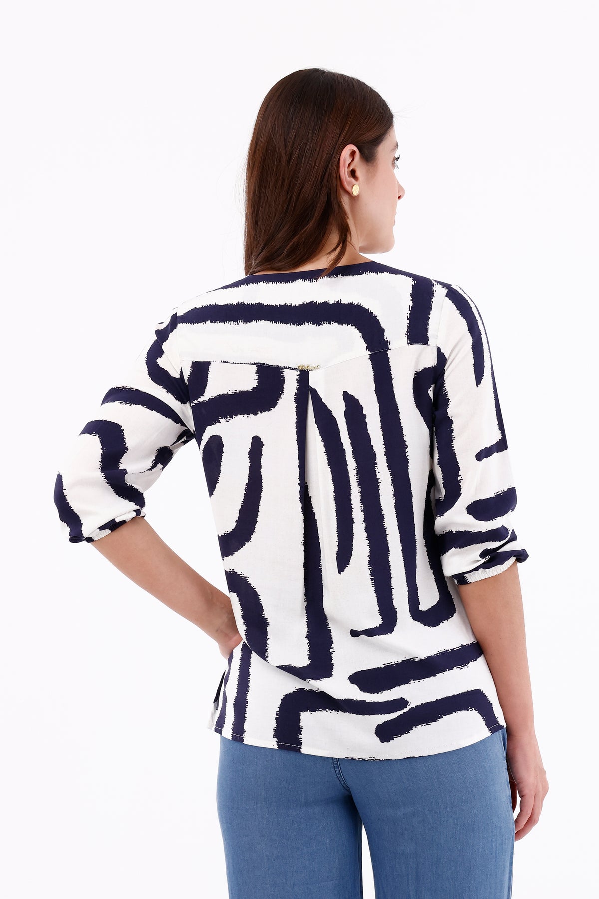 Camisa Manga 3/4 Ojaletes Étnica Azul Oscuro Para Mujer 