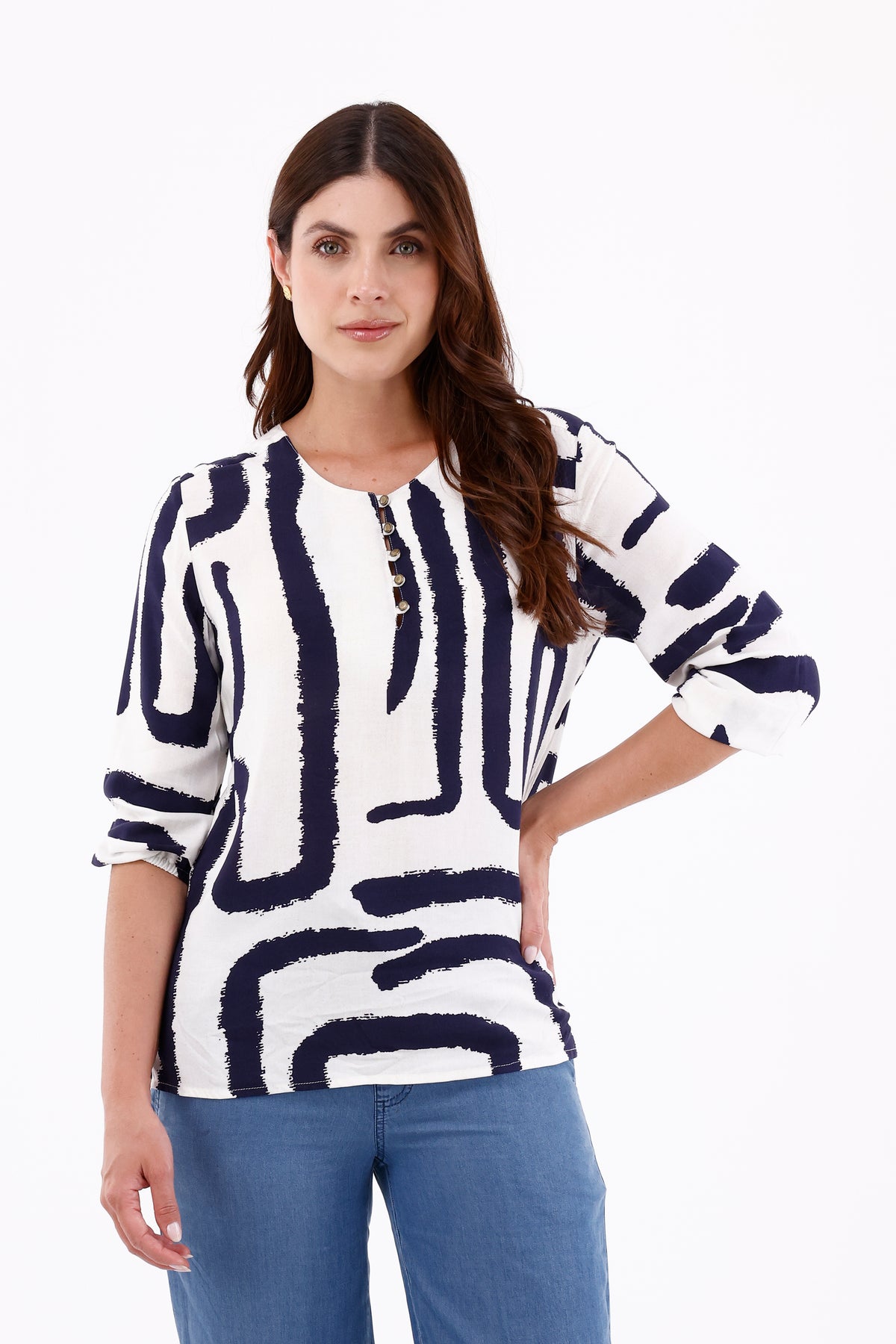 Camisa Manga 3/4 Ojaletes Étnica Azul Oscuro