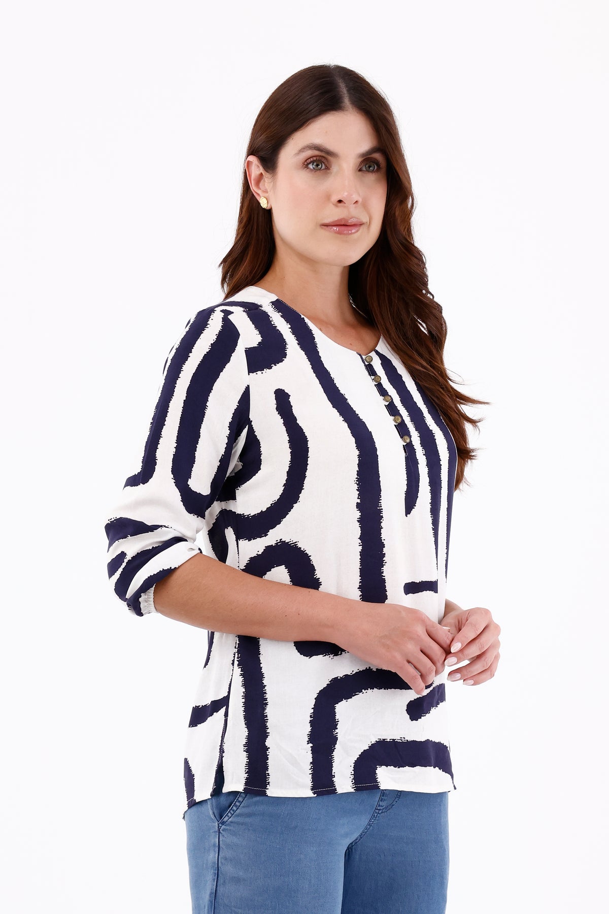 Camisa Manga 3/4 Ojaletes Étnica Azul Oscuro