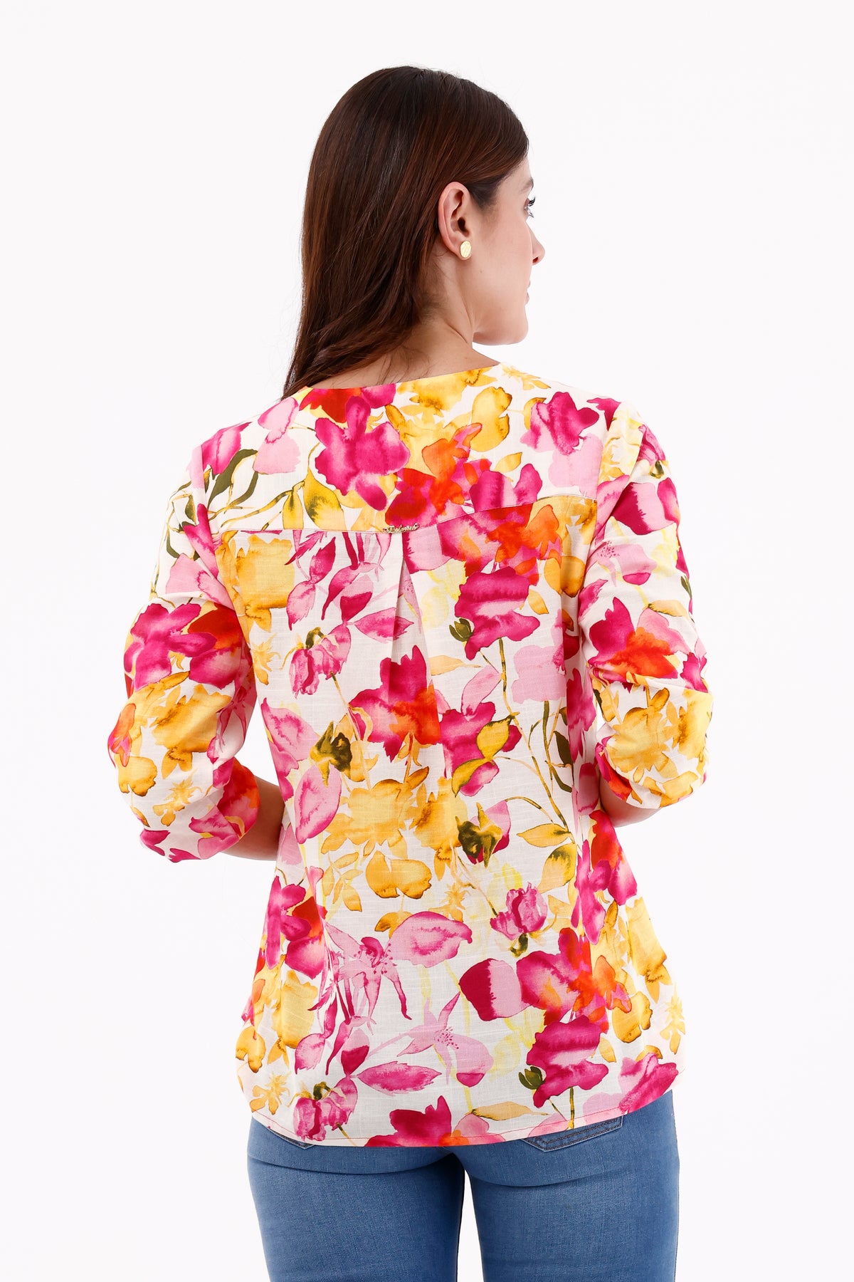 Blusa Manga 3/4 Ojaletes Flores Fucsia