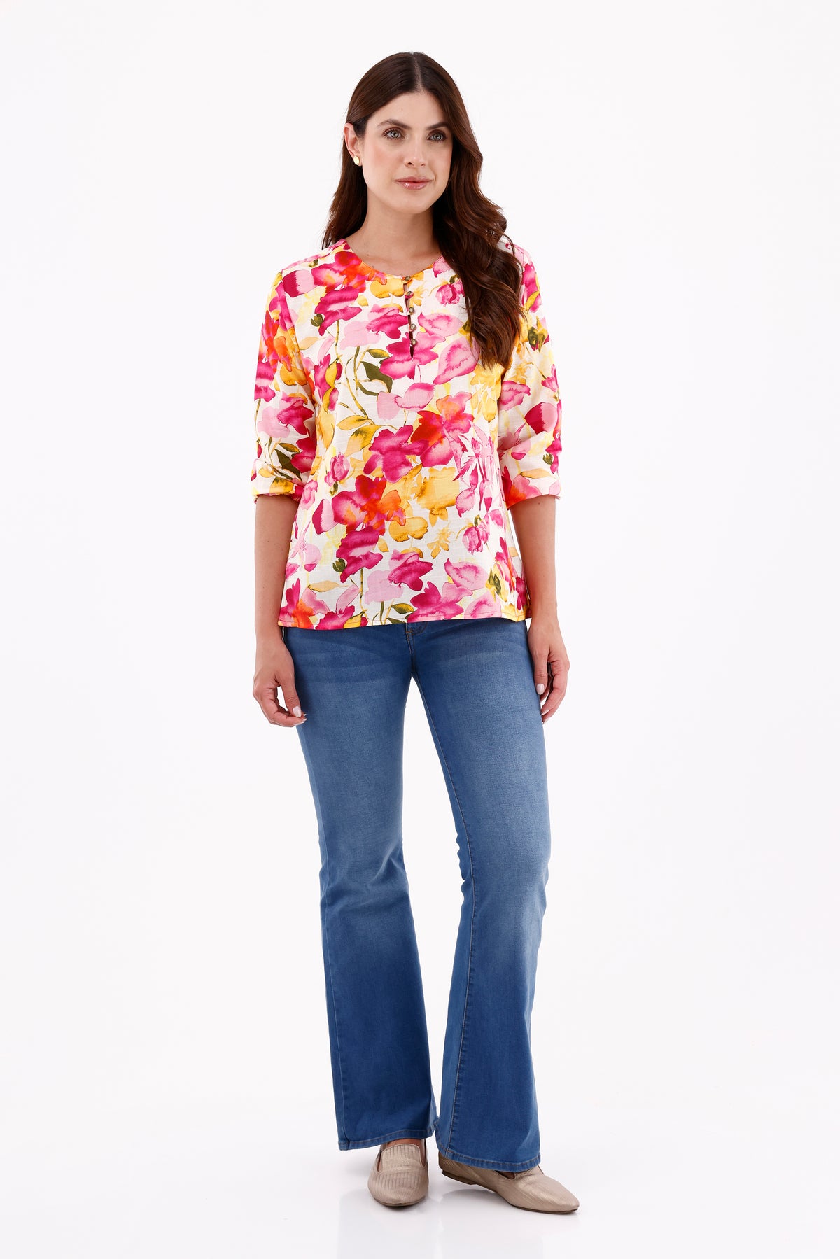 Blusa Manga 3/4 Ojaletes Flores Fucsia