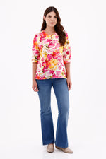 Blusa Manga 3/4 Ojaletes Flores Fucsia Para Mujer 