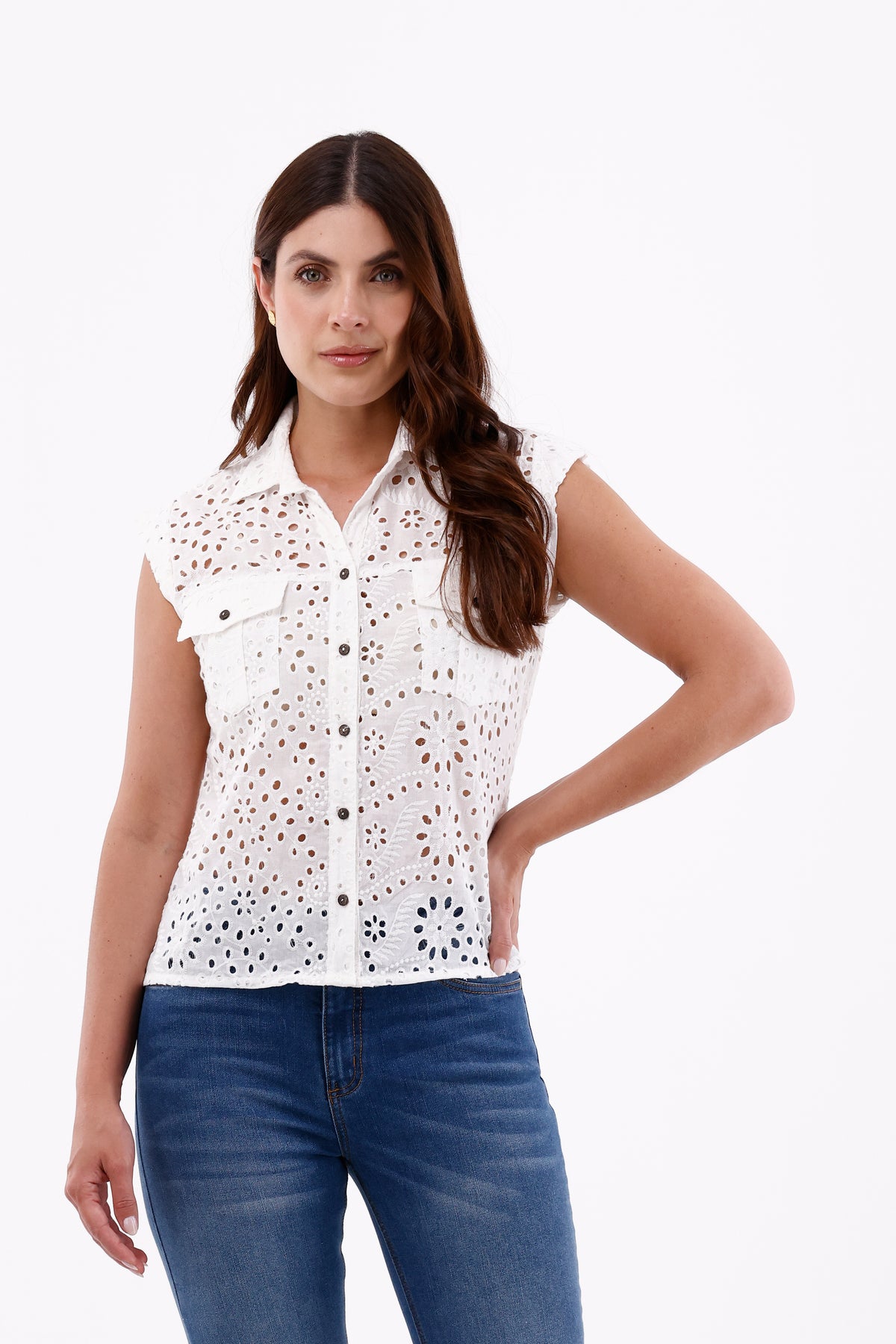 Blusa Manga Rodada Ojalillo Blanco