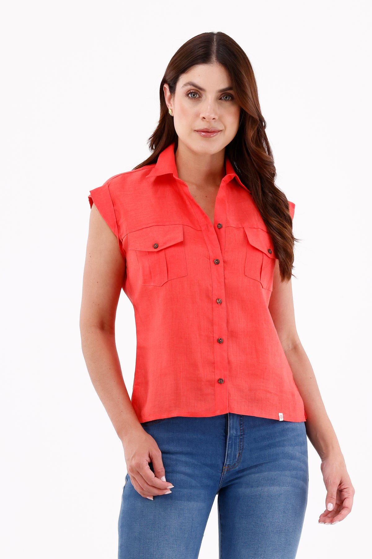 Blusa Manga Rodada Bolsillos Coral Para Mujer 