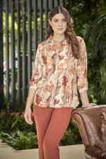 Blusa Manga 3/4 Flores Terracota Para Mujer
