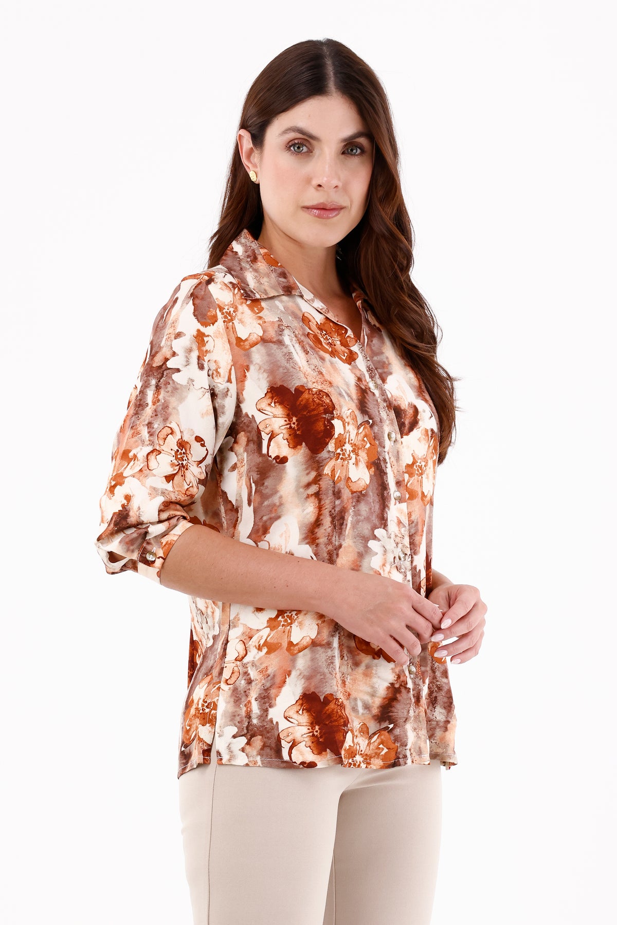 Blusa Manga 3/4 Flores Terracota
