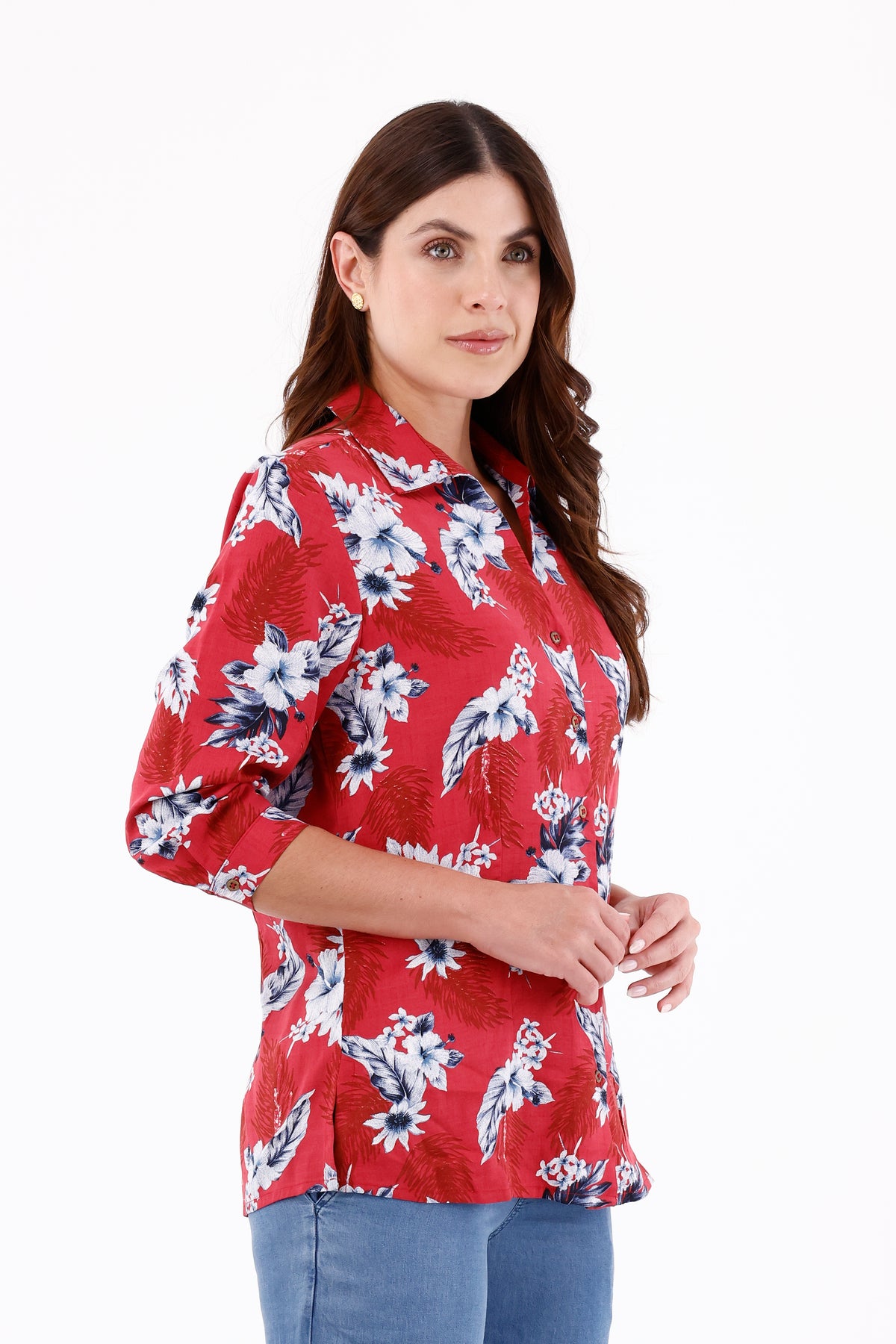Blusa Manga 3/4 Flores Vino Claro