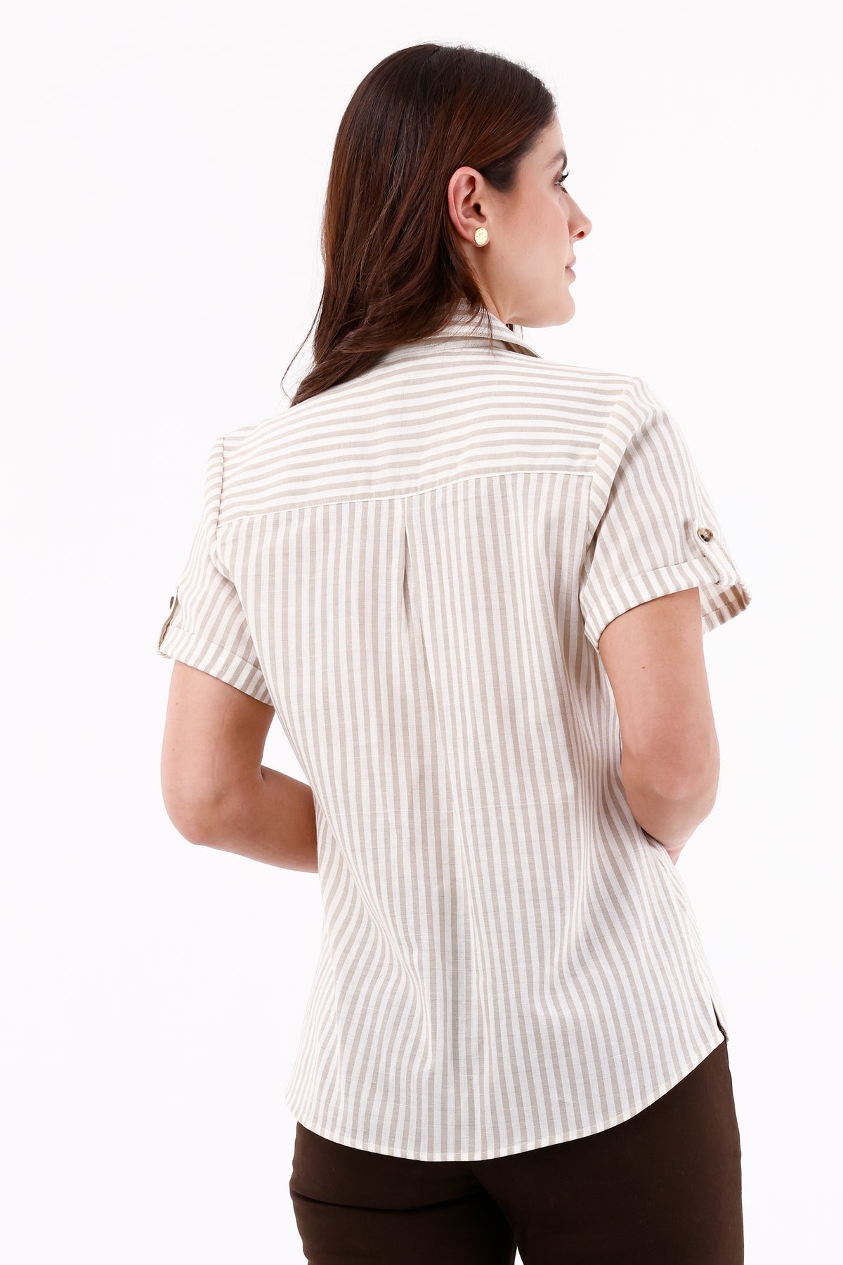Blusa Manga Corta Charretera Rayas Caqui