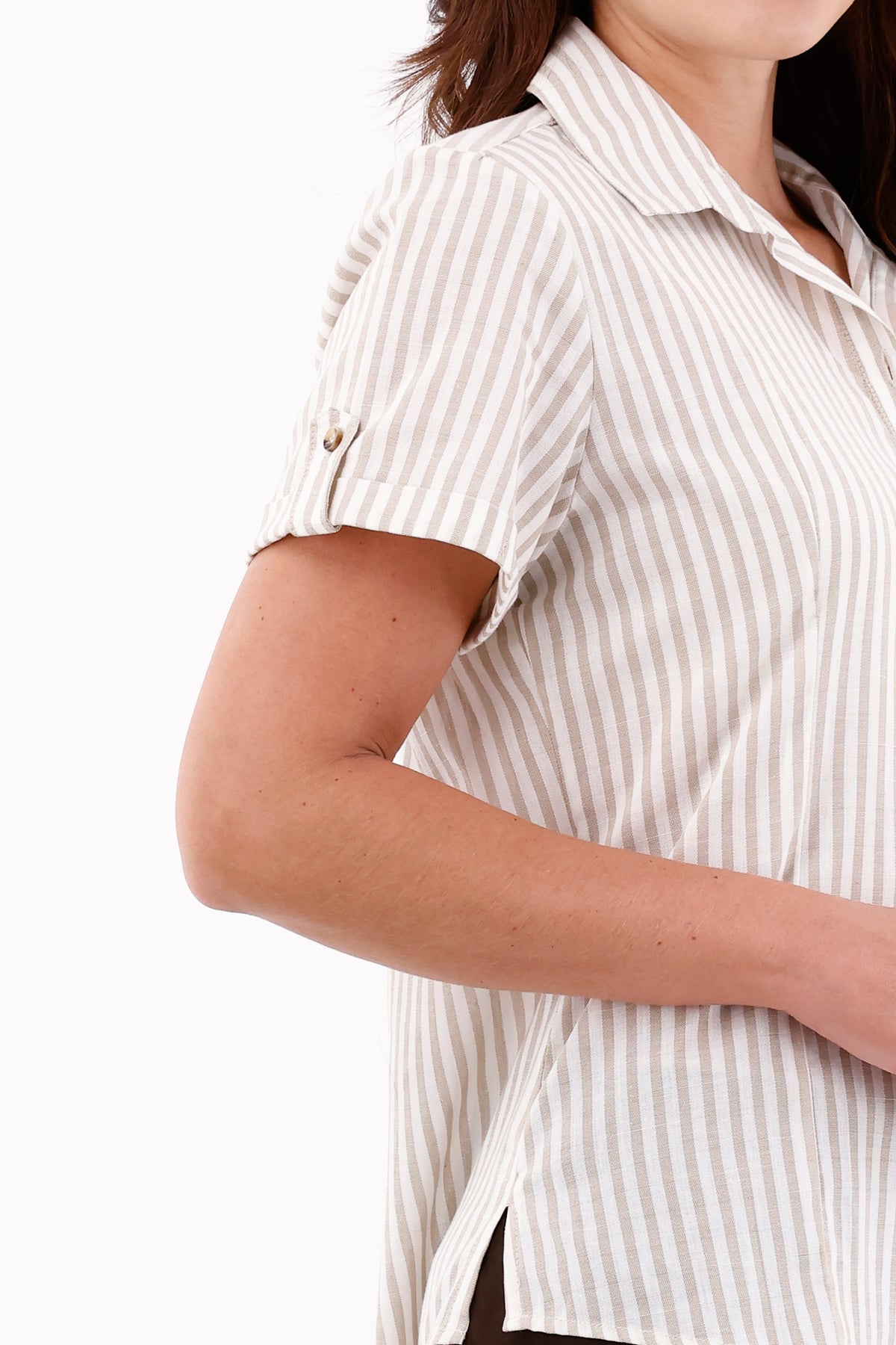 Blusa Manga Corta Charretera Rayas Caqui