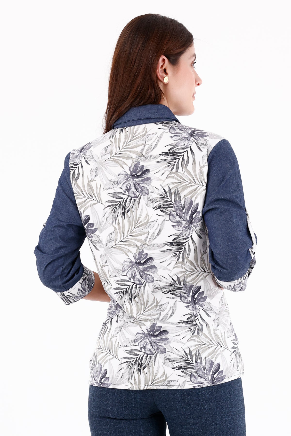 Blusa Manga 3/4 Combinada Ramas Azul Índigo Para Mujer 