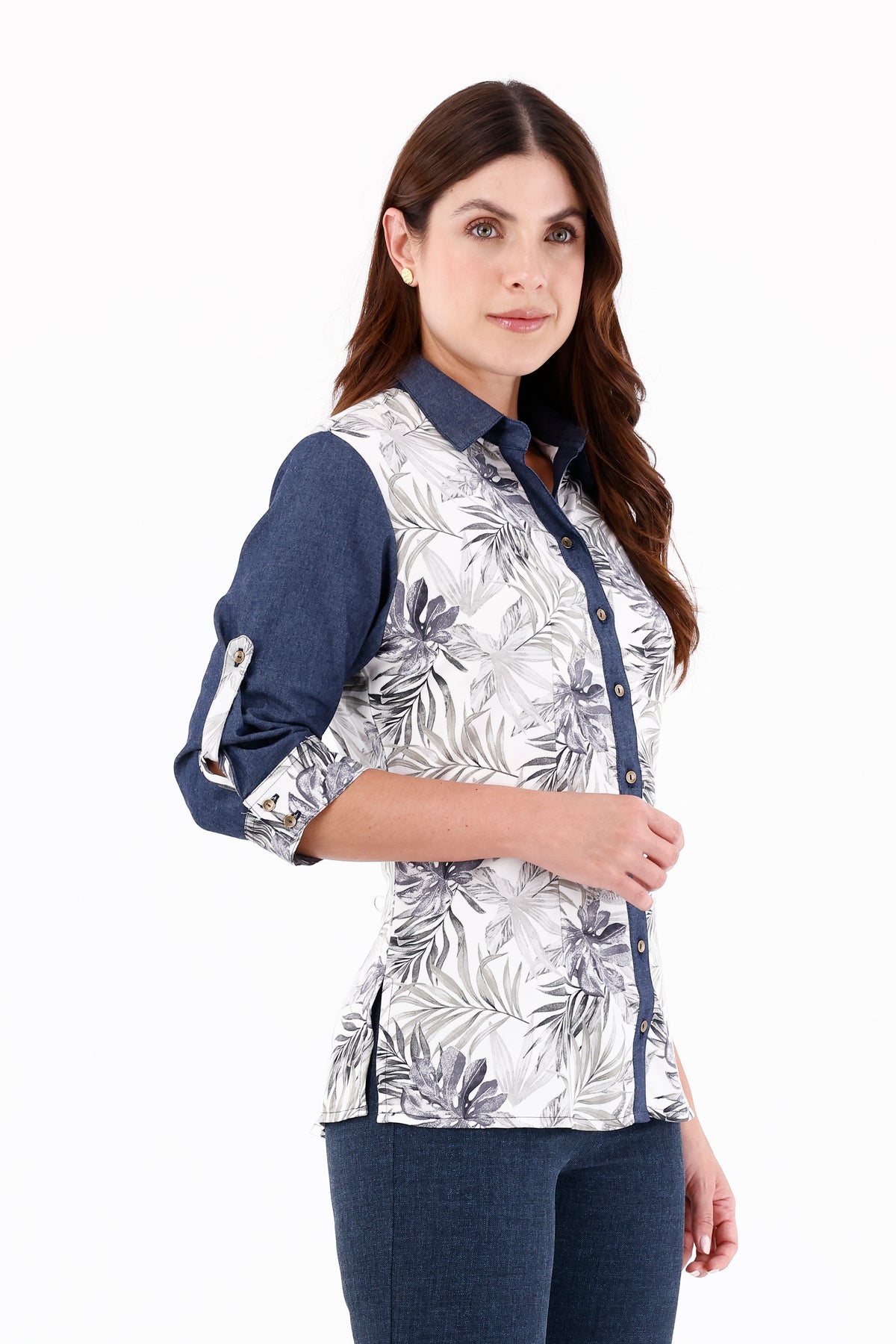 Blusa Manga 3/4 Combinada Ramas Azul Índigo Para Mujer 