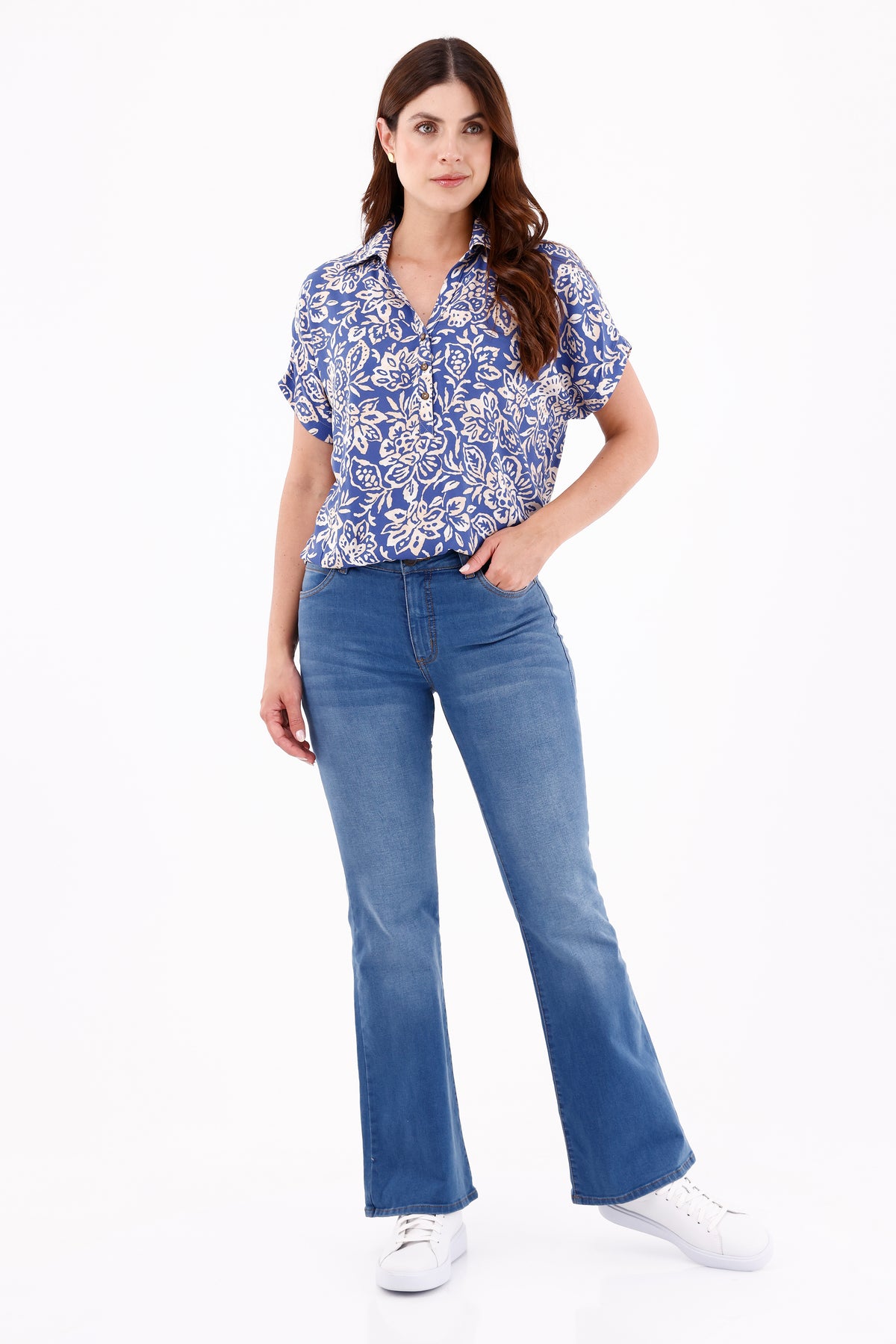 Blusa Manga Rodada Perilla Estampada Azul Rey
