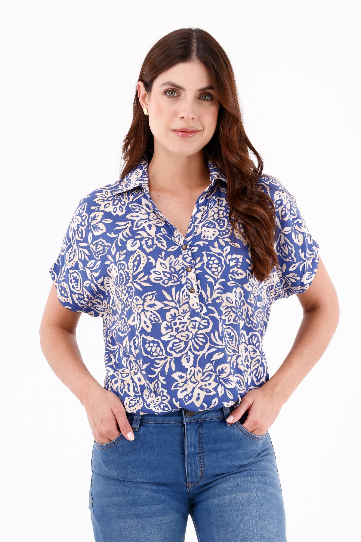 Blusa Manga Rodada Perilla Estampada Azul Rey