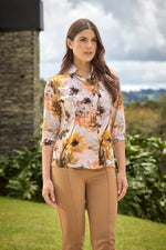 Blusa Manga 3/4 Flores Grandes Mostaza Para Mujer 