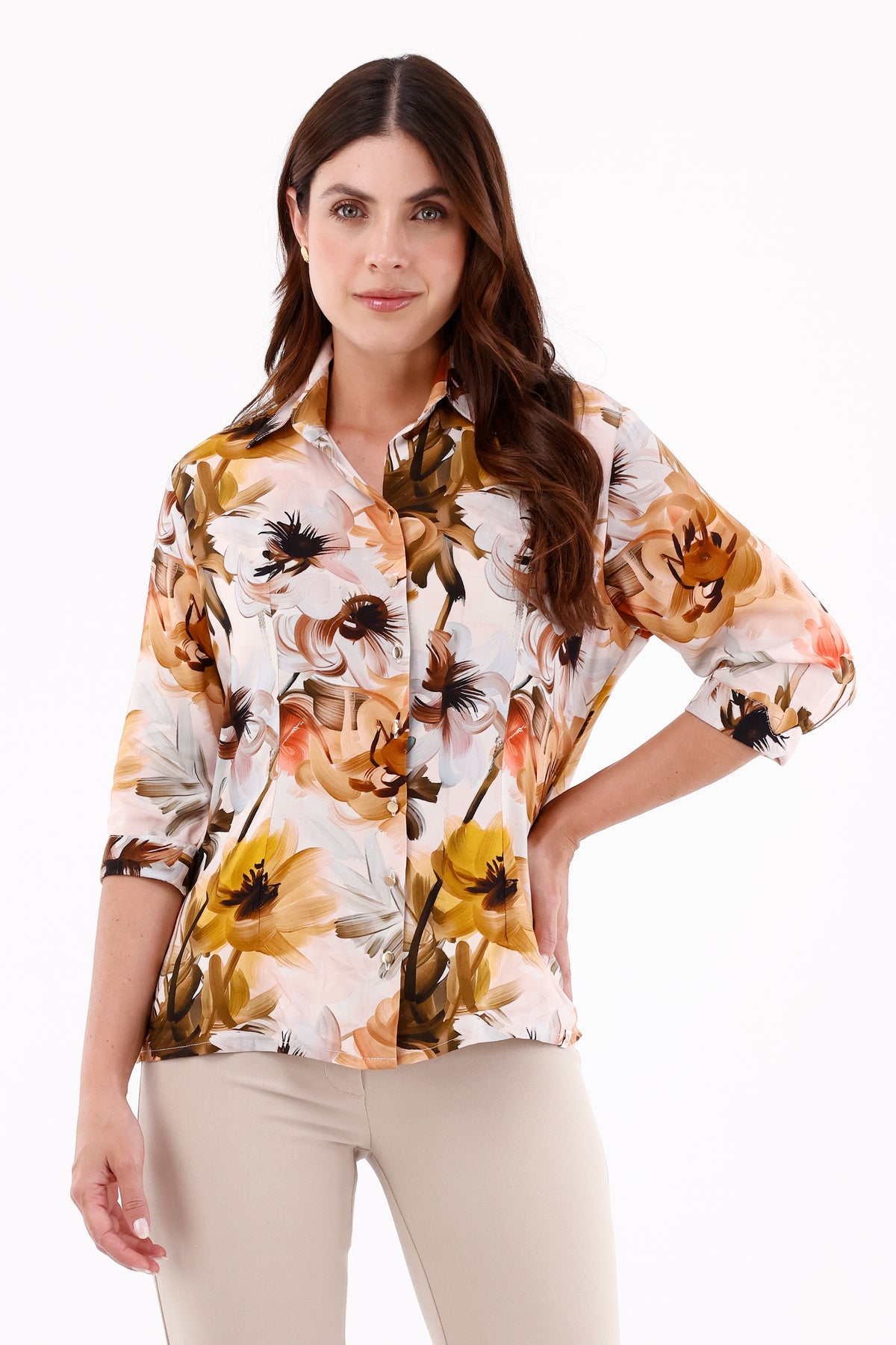 Blusa Manga 3/4 Flores Grandes Mostaza Para Mujer 