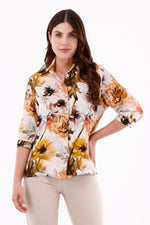 Blusa Manga 3/4 Flores Grandes Mostaza Para Mujer 