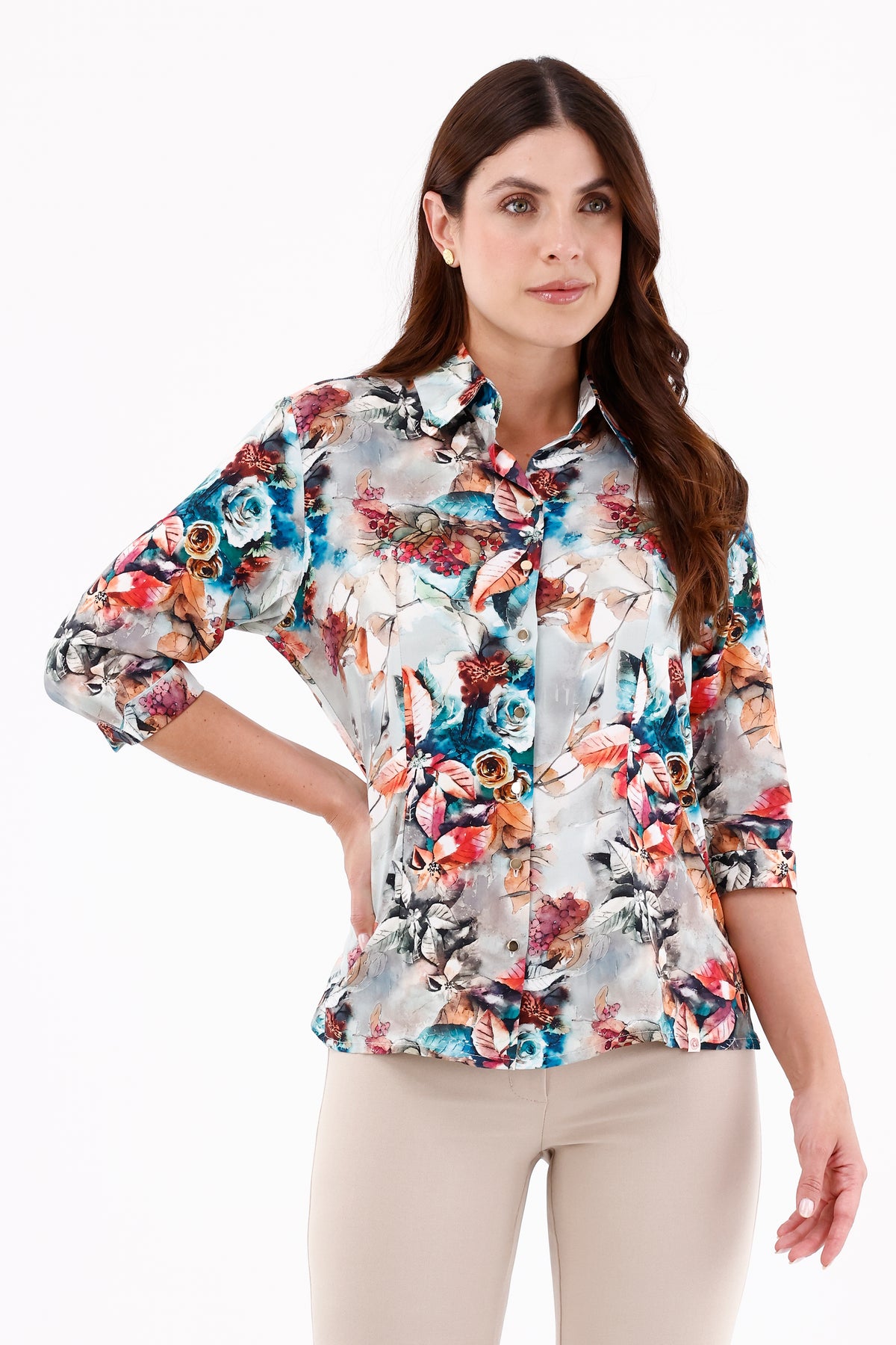 Blusa Manga 3/4 Flores Turquesa Para Mujer 