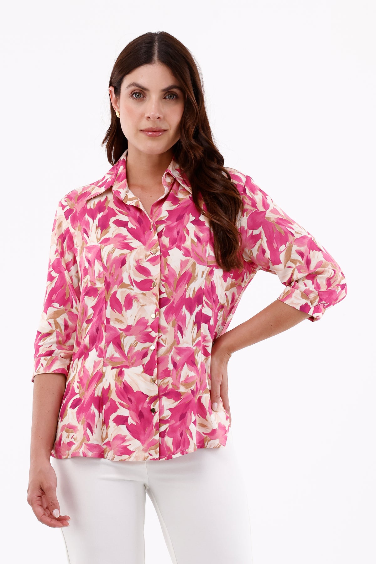 Blusa Manga 3/4 Flores Fucsia Para Mujer 