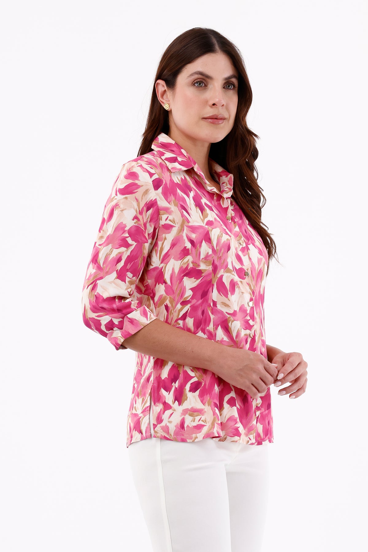 Blusa Manga 3/4 Flores Fucsia