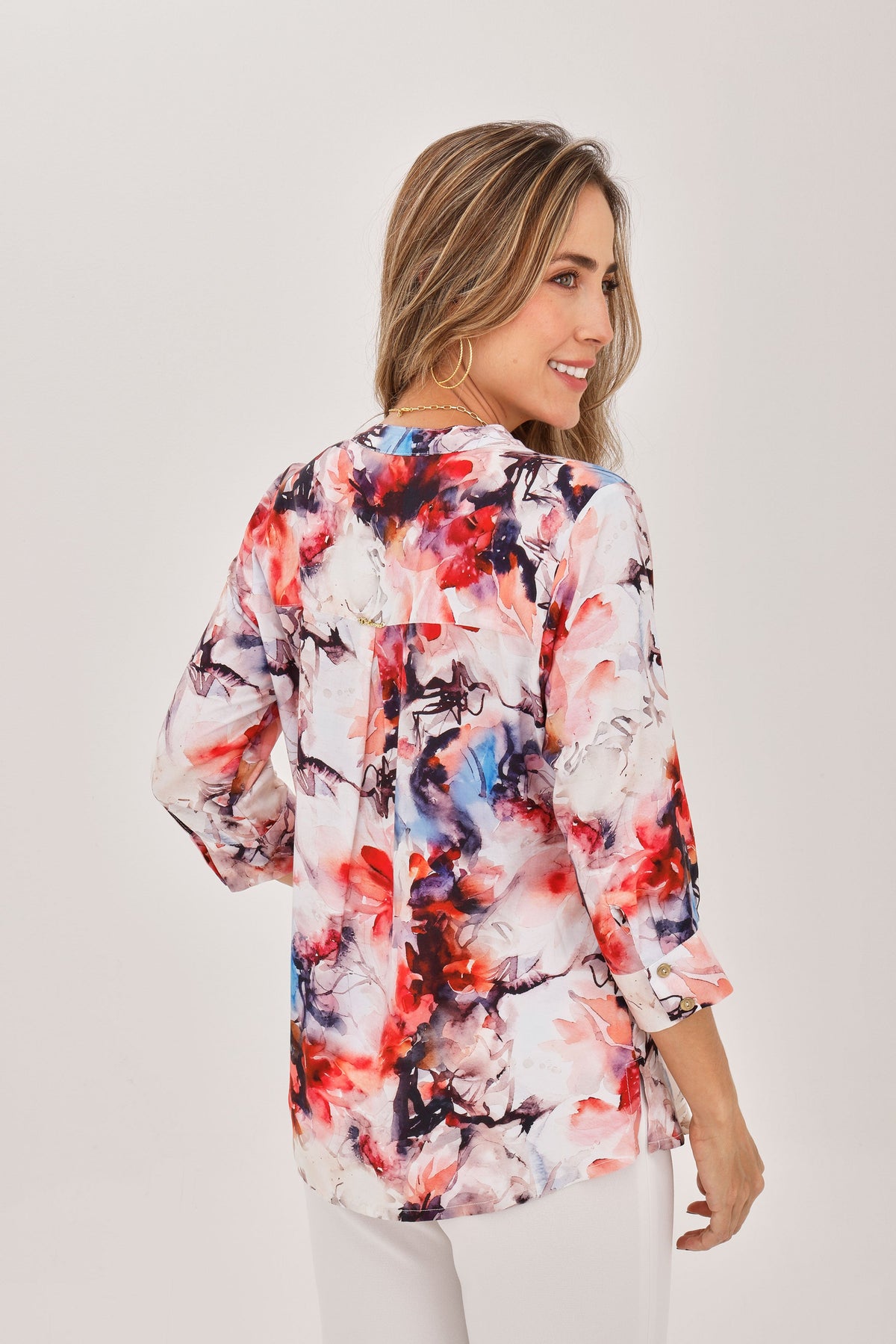 Blusa Manga 3/4 Media Perilla Cierre Estampado Rosado